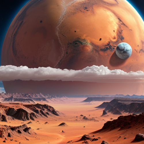 Home 14 **A digitally enhanced visualization depicting the contrasting atmospheres of Earth and Mars.** Earth should have a vibrant, thick atmosphere teeming with clouds, showcasing its ability to trap heat and support life. Mars should be depicted with a thin, wispy atmosphere, primarily composed of carbon dioxide, resulting in a cold, desolate environment. The sizes of the planets should reflect their actual proportional difference.