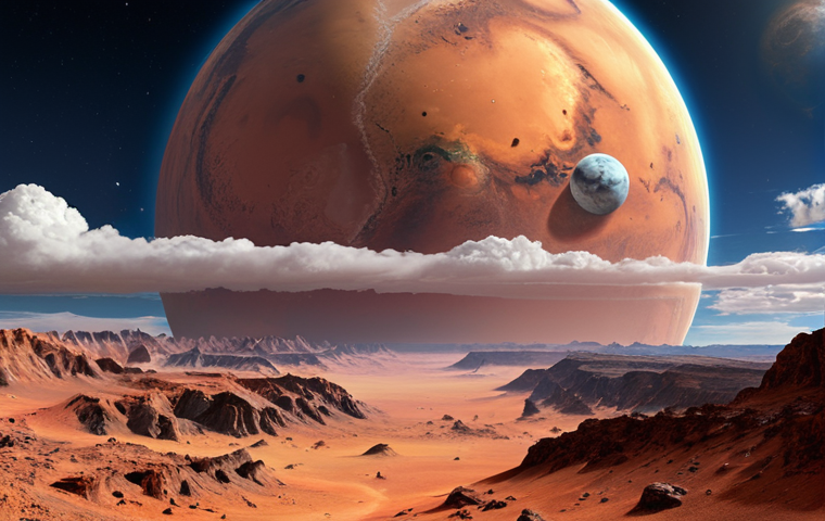 **A digitally enhanced visualization depicting the contrasting atmospheres of Earth and Mars.** Earth should have a vibrant, thick atmosphere teeming with clouds, showcasing its ability to trap heat and support life. Mars should be depicted with a thin, wispy atmosphere, primarily composed of carbon dioxide, resulting in a cold, desolate environment. The sizes of the planets should reflect their actual proportional difference.