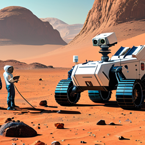 Home 9 **Prompt:** A vibrant, collaborative scene depicting engineers and scientists from NASA, ESA, Roscosmos, CNSA, and ISRO working together on a Mars rover in a futuristic, clean lab. The background shows a stylized Martian landscape. Focus on the diversity and unity of the team.