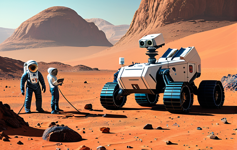 **Prompt:** A vibrant, collaborative scene depicting engineers and scientists from NASA, ESA, Roscosmos, CNSA, and ISRO working together on a Mars rover in a futuristic, clean lab. The background shows a stylized Martian landscape. Focus on the diversity and unity of the team.